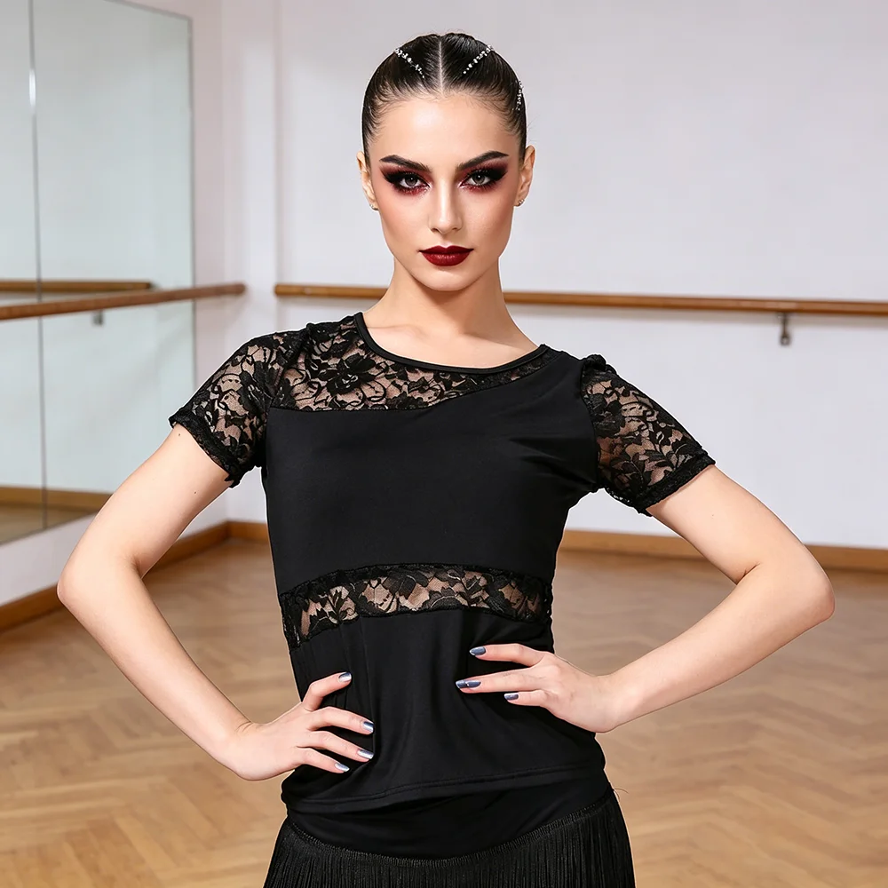 blusa-de-danca-com-recortes-em-renda-manga-curta-ajuste-slim-para-pratica-e-performance-de-danca-de-salao-latina-salsa-e-tango