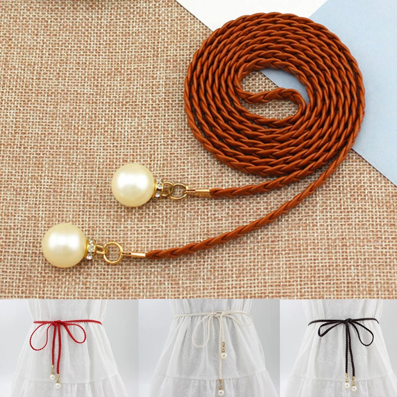 

Women Simple PU Leather Belt Boho Tassel Braided Self-Tie Belt Thin Waist Rope Belt