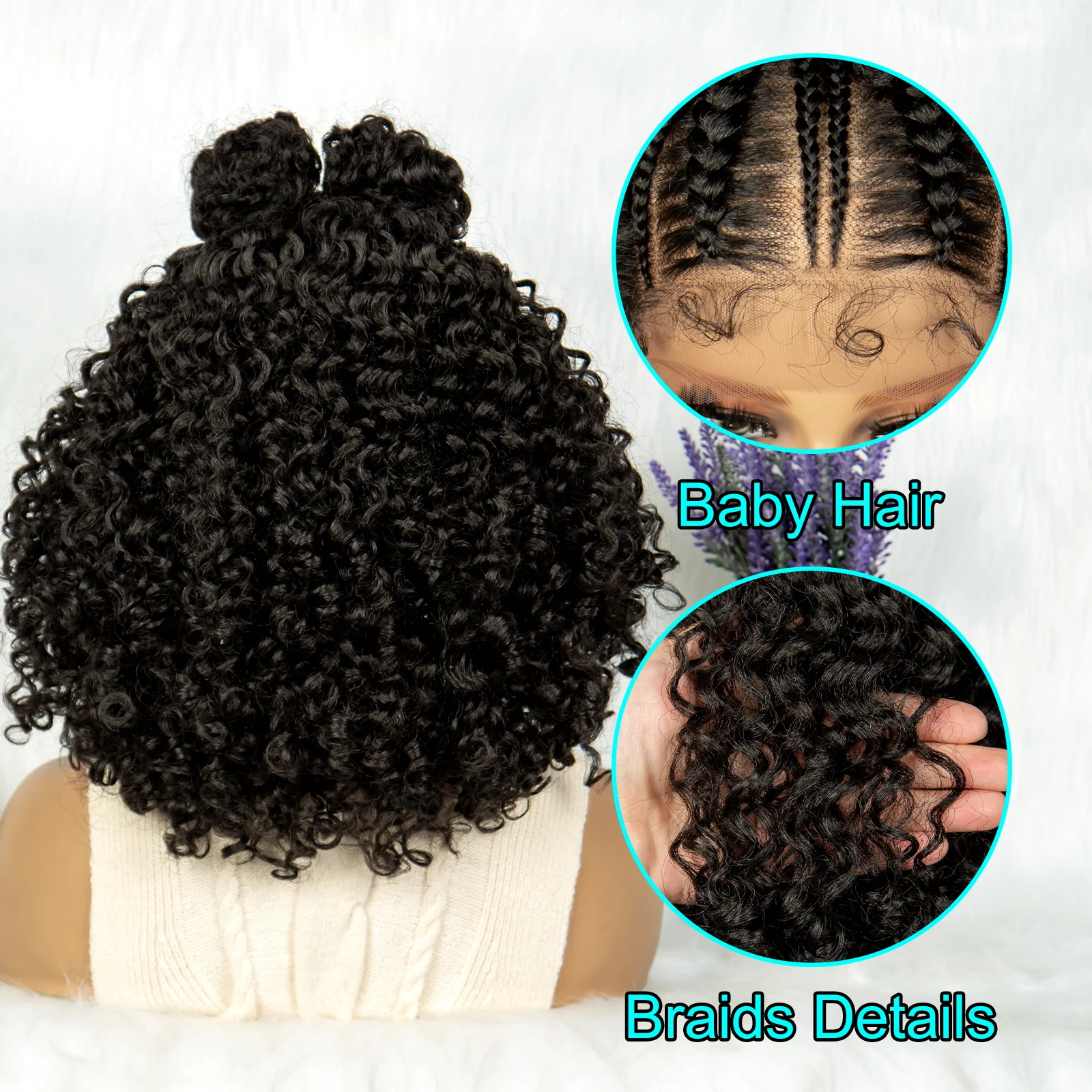 Kima Synthetic Curly Bob Frontal Cornrow Twisted 16 inches 13*4 Lace Front Wig Top Knot Braided Ribbon Bun Braided Wigs