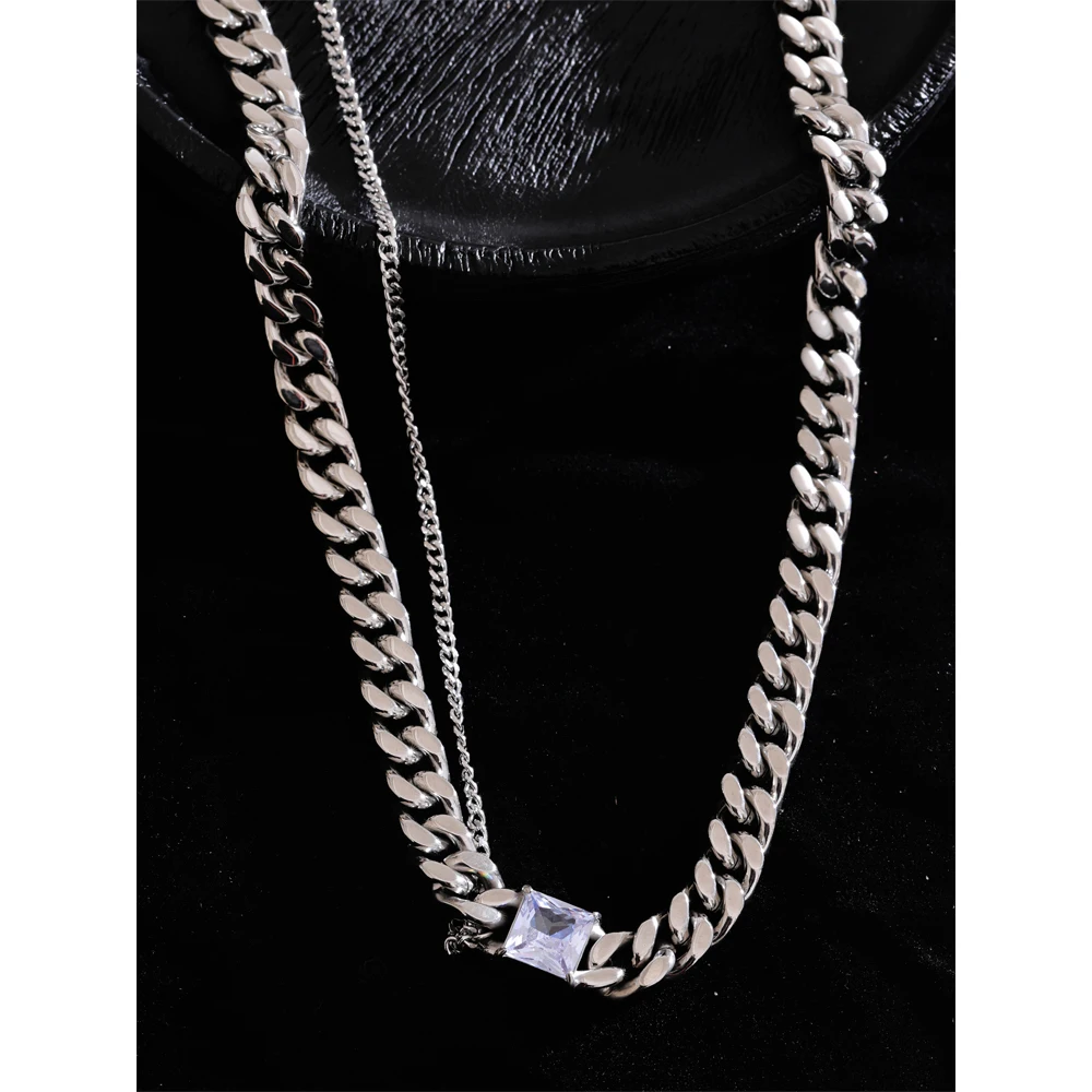 Yhpup Statement Cuban Chain Zirconia Double Layer Fashion Necklace High Quality Stainless Steel Waterproof Charm Men Jewelry