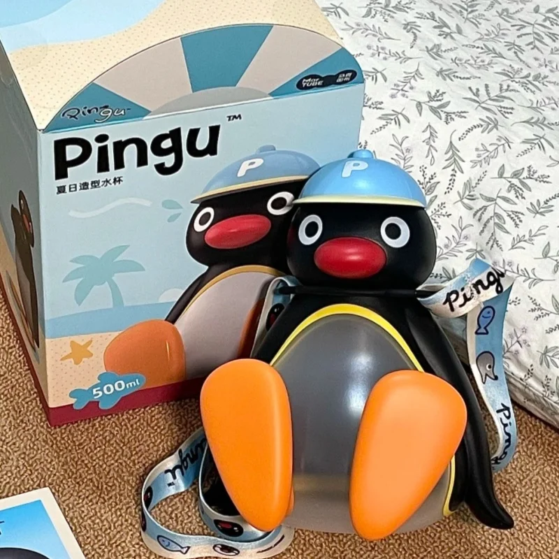 Autentica tazza estiva della serie Pingu - Bicchiere di paglia estetico per ragazze, bottiglia d'acqua portatile carina di grande capacità per studenti e