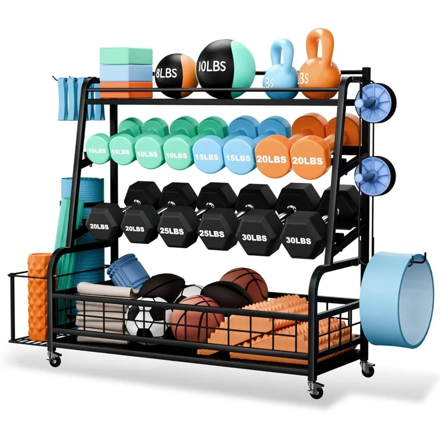 ชั้นวางดัมเบล - ชั้นวางน้ำหนักปรับระดับได้ 4 ชั้น สำหรับดัมเบล ชั้นวางเก็บอุปกรณ์ออกกำลังกายที่บ้าน สำหรับเสื่อโยคะ ลูกกลิ้งโฟม และเคตเทิลเบล