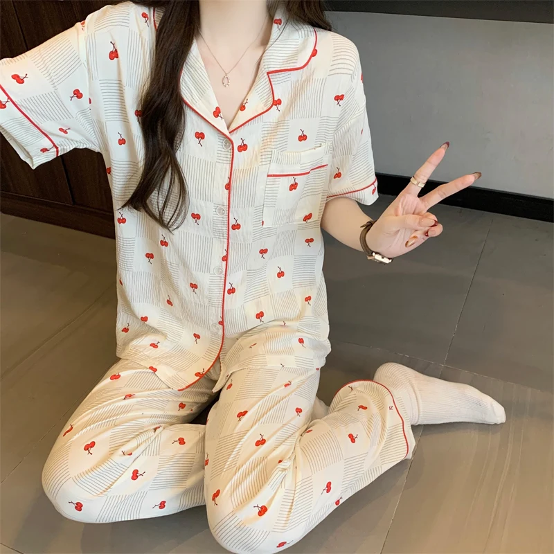 Ladies Nightwear Short Sleeved Pants Checkered Cherry Home Clothes Women's Pajamas Set Student Soft Casual Sleepwear Homewear