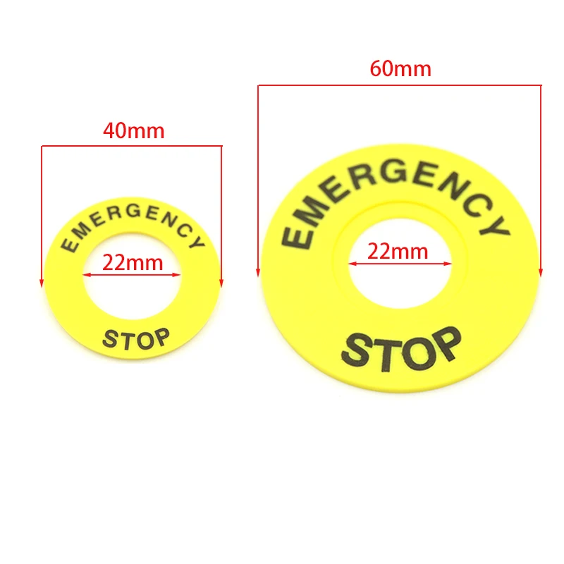 ABS Yellow Emergency Stop Button Switch with Alarm Ring 60mm Diameter 22mm Mounting Hole Safety Warning Sign for Industrial