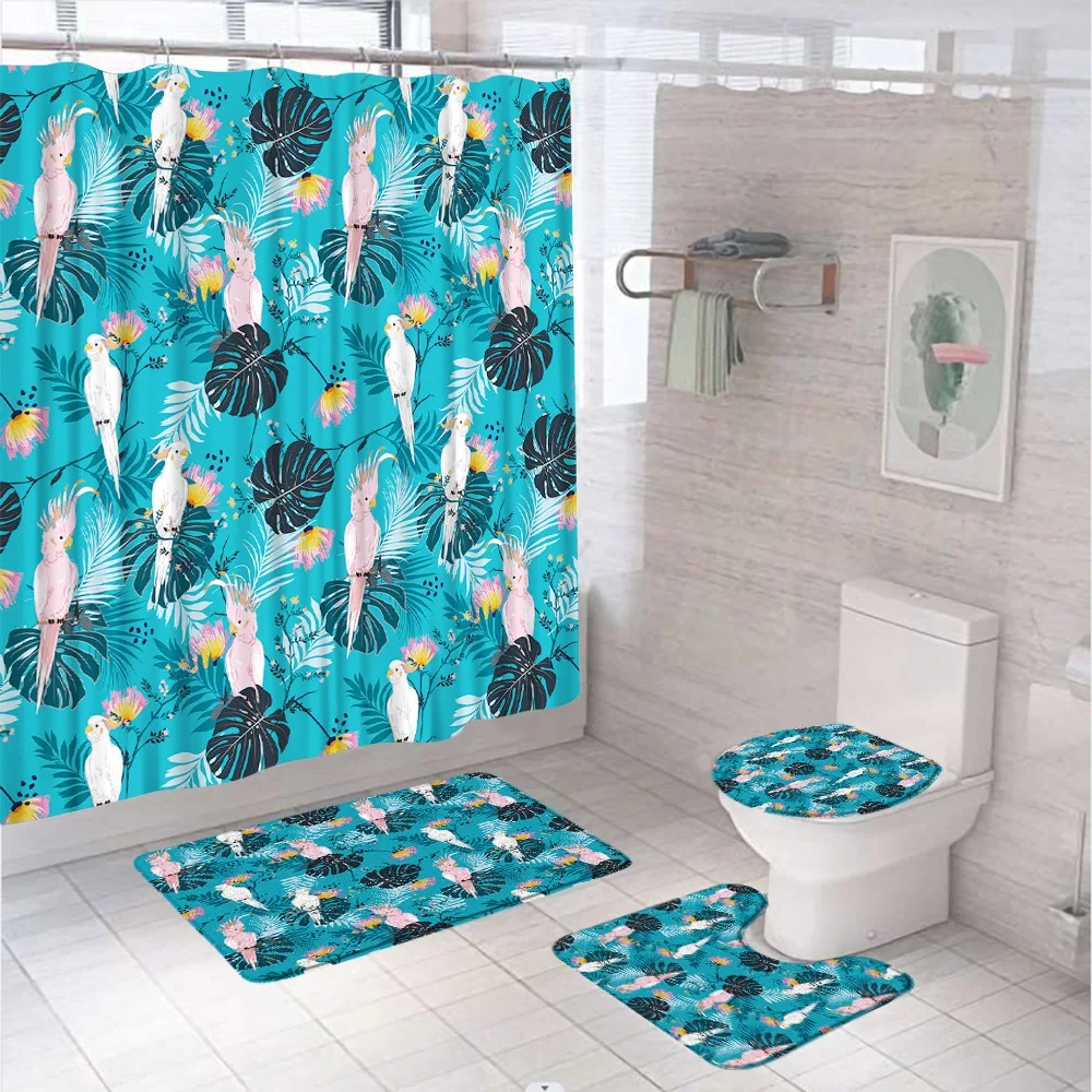 

Tropical Bird Parrot Bathroom Curtain Set Green Leaves Flower Summer Plant Shower Curtains With Bath Mat Carpet Toilet Lid Cover