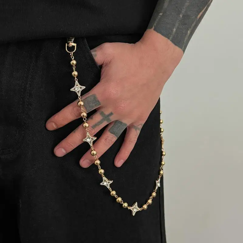 Vintage Hip Hop Crystal Star Waist Chain For Men, Beaded Four-Pointed Star Pants Chain, Punk Street Style Jean Hanging Chain