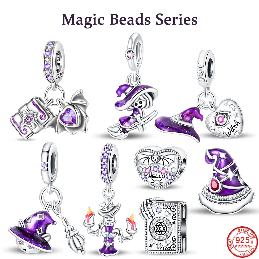 New 925 Sterling Silver Magic Broom Hat Purple Witch Charm Magic Bead Bracelet Fit DIY Halloween Party Jewelry