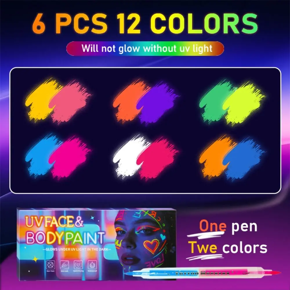 12 Colors Glow Face Paint Markers Easy Wash Off Non-Toxic UV Neon Face Paint Black Light Reactive Water-Based