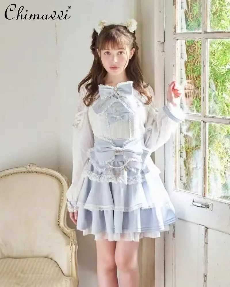 

Liz Japanese Mass-Produced Multi-Layer Lace Princess Cake Skirt Soft Girl Sweet Cute Big Bow Neck Strap Top Spring Lolita Set