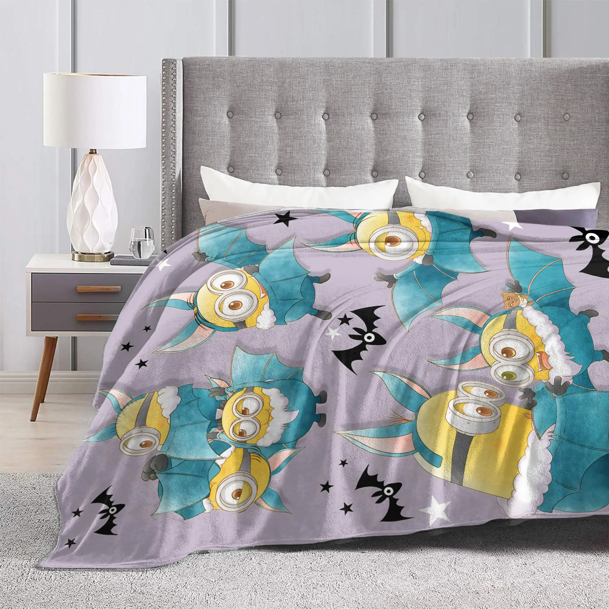 Cute Anime M-Miniones Blanket Flannel  Winter Halloween Bats Portable Lightweight Throw Blanket for Bedding Outdoor Bedspreads
