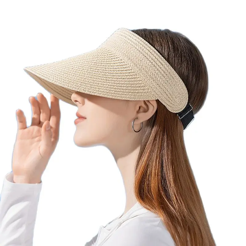 

UPF50+ Wide Brim Visor Hat for Women Straw Beach Sun Visor Foldable Ponytail with UV Protection