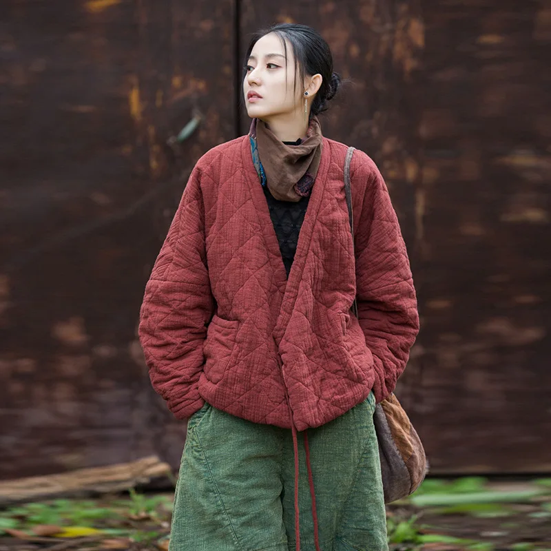 Women's Autumn/Winter Top Coat Cotton Coat Solid Color Diamond Pattern Warm Retro Simple Comfortable Casual Soft Niche Versatile