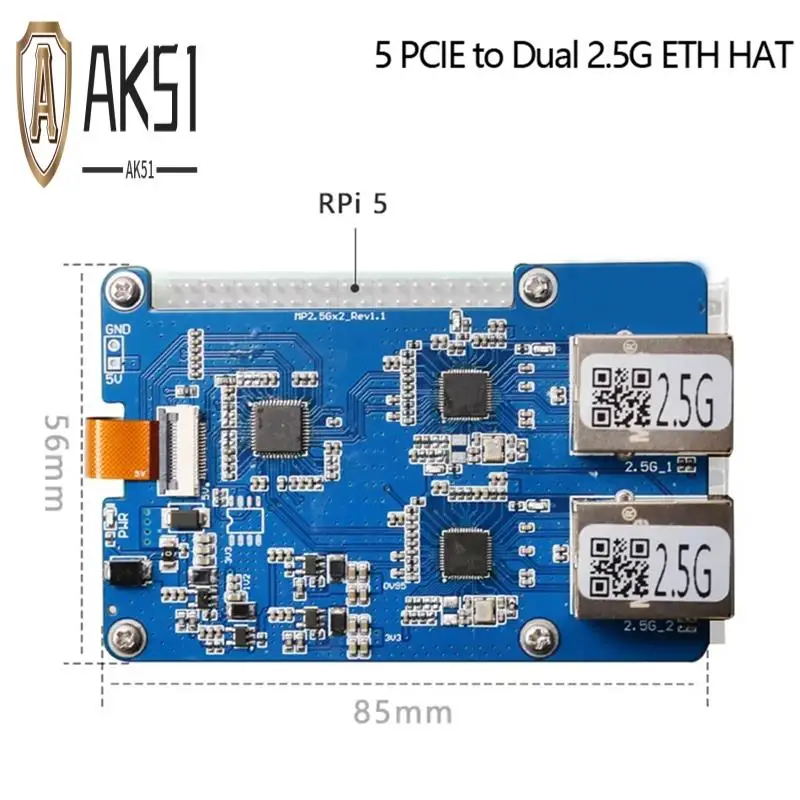 

AK51-MP2.5GD For Rasbperry Pi 5 PCIE To Dual 2.5G Ethernet HAT RTL8125 Expansion Board Support For Rpi OS And Ubuntu