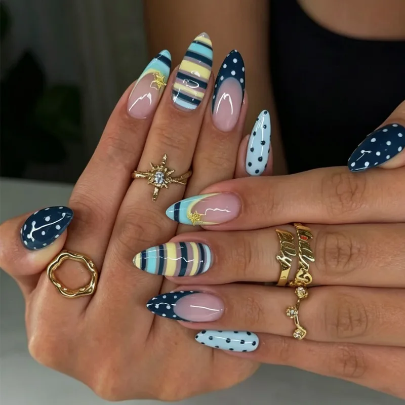 24PCS Blue Stripes French False Nails Sweet Polka Dots Star Simple Ins Almond Press on Nails Full Cover Acrylic Fake Nails Tips