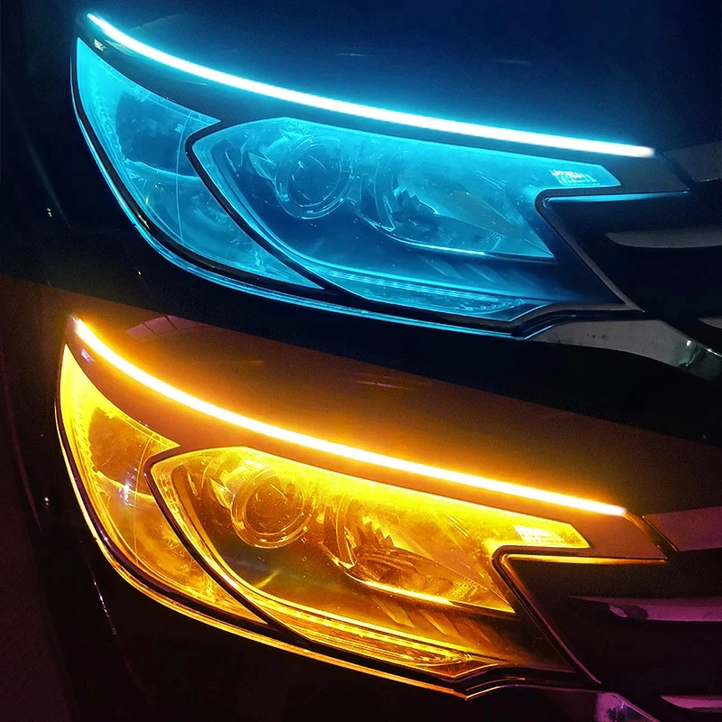 12V Flexible LED DRL Light Strip, Waterproof Dynamic Turn Signal Headlight Tape, White Flow Yellow Auto Daytime Running Light