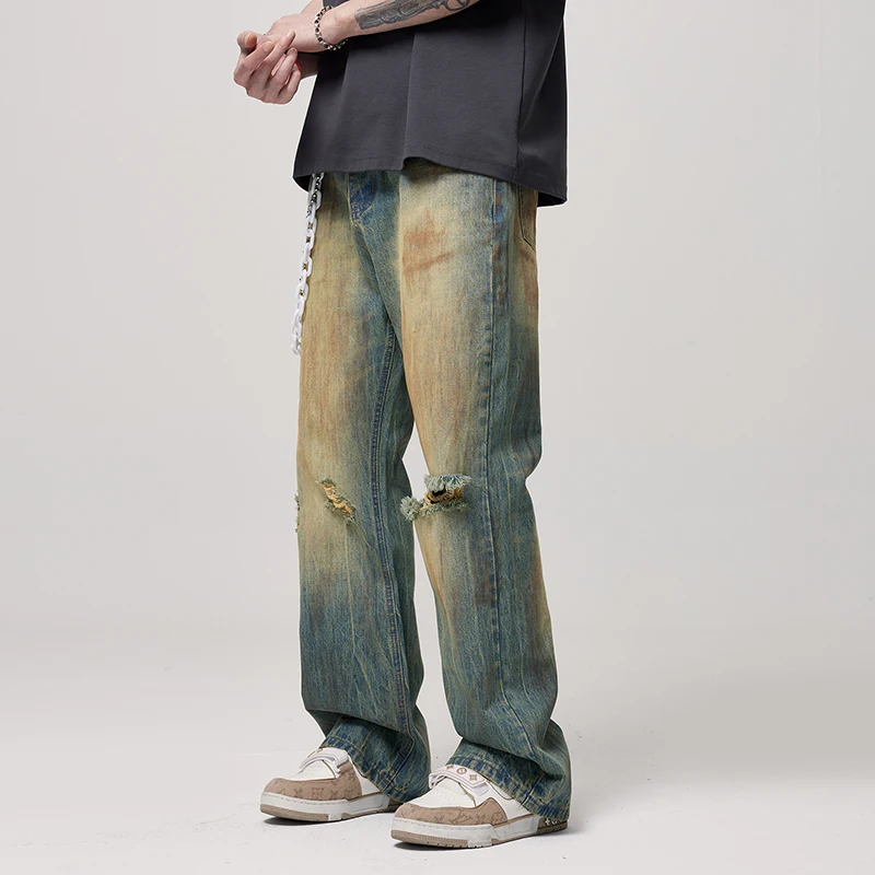 2024 New Y2K High Street Yellow Mud Dyed Distressed Ruan Shuai Ripped Jeans Men's Fashion Brand Retro Casual Loose Pants