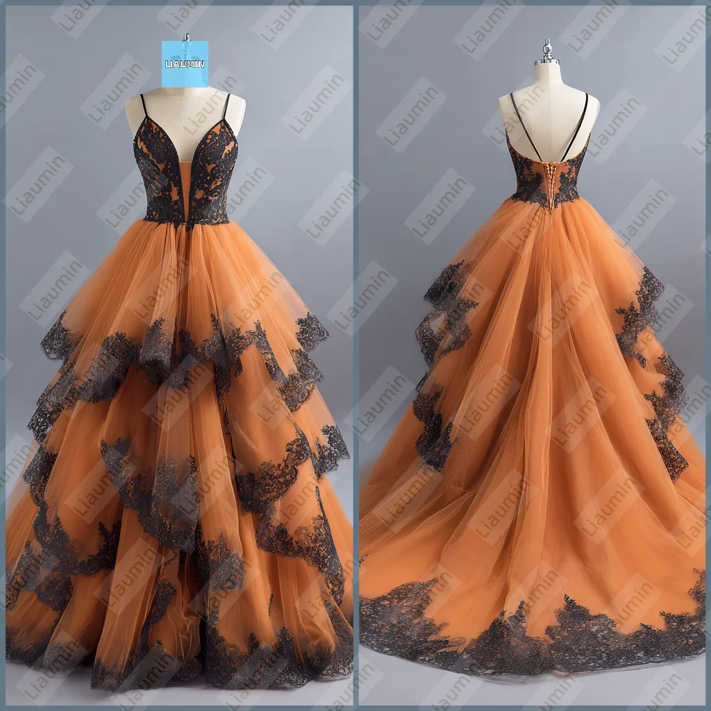 Orange Tulle Black Lace Applique Spaghetti straps Tiered Prom Wedding Formal Dress For Evening Lace-Up Back Customized A7-1.14