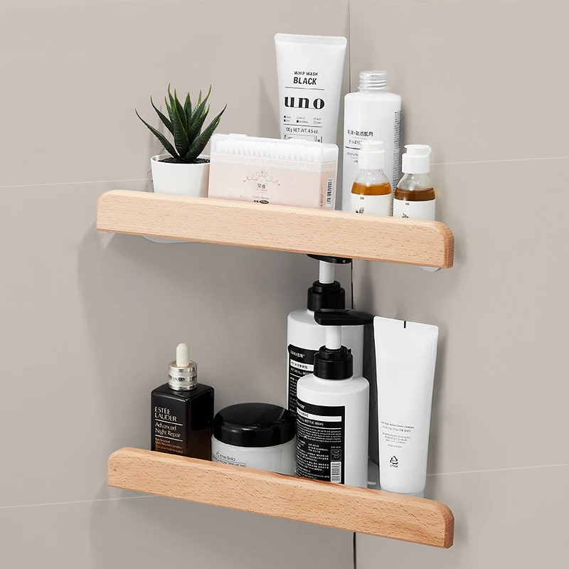 Bathroom Shelf Corner Space Aluminum Wood Bathroom Triangle Basket Shower Room Storage Rack Wall Mounted