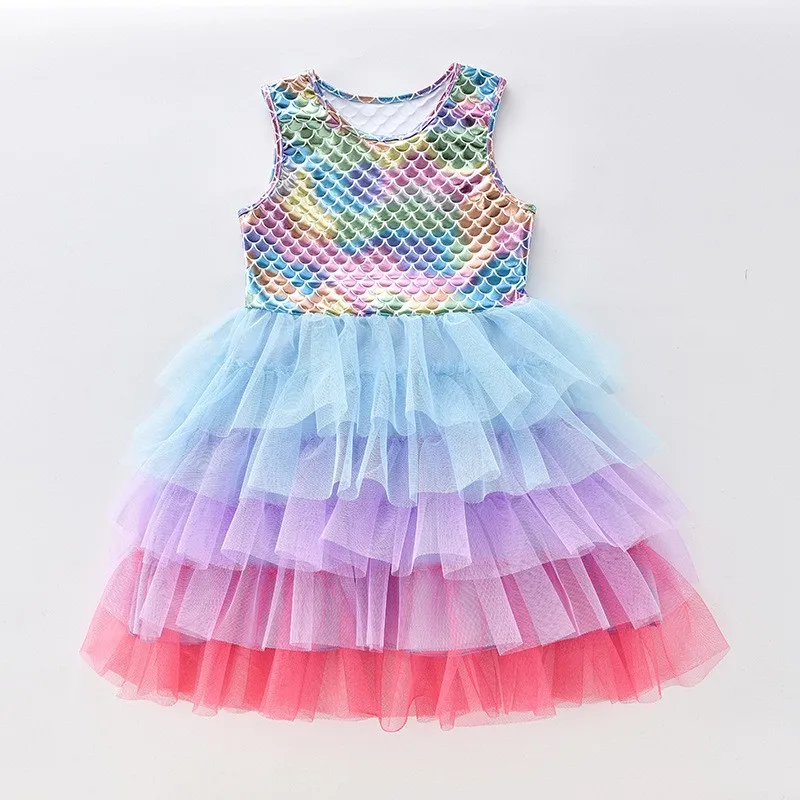 Kinder Regenbogen Meerjungfrau Tutu-Kleid Ärmellos Pailletten Mehrschichtiges Tüll Prinzessin Geburtstagsparty Kostüm Kleid – Detail 2
