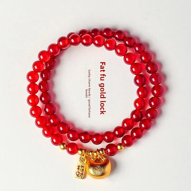 Natural Blue Chalcedony Bag Beaded Bracelet Women's Fashion High-end Sense Red Agate Lucky Wealth-making Hand String Ins Jewelry