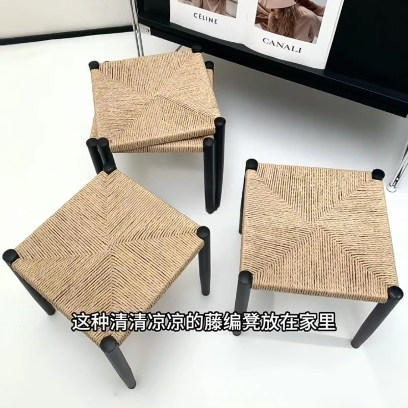 Rattan stool hand-woven square home living room low stackable hospitality spare stool retro Chinese style