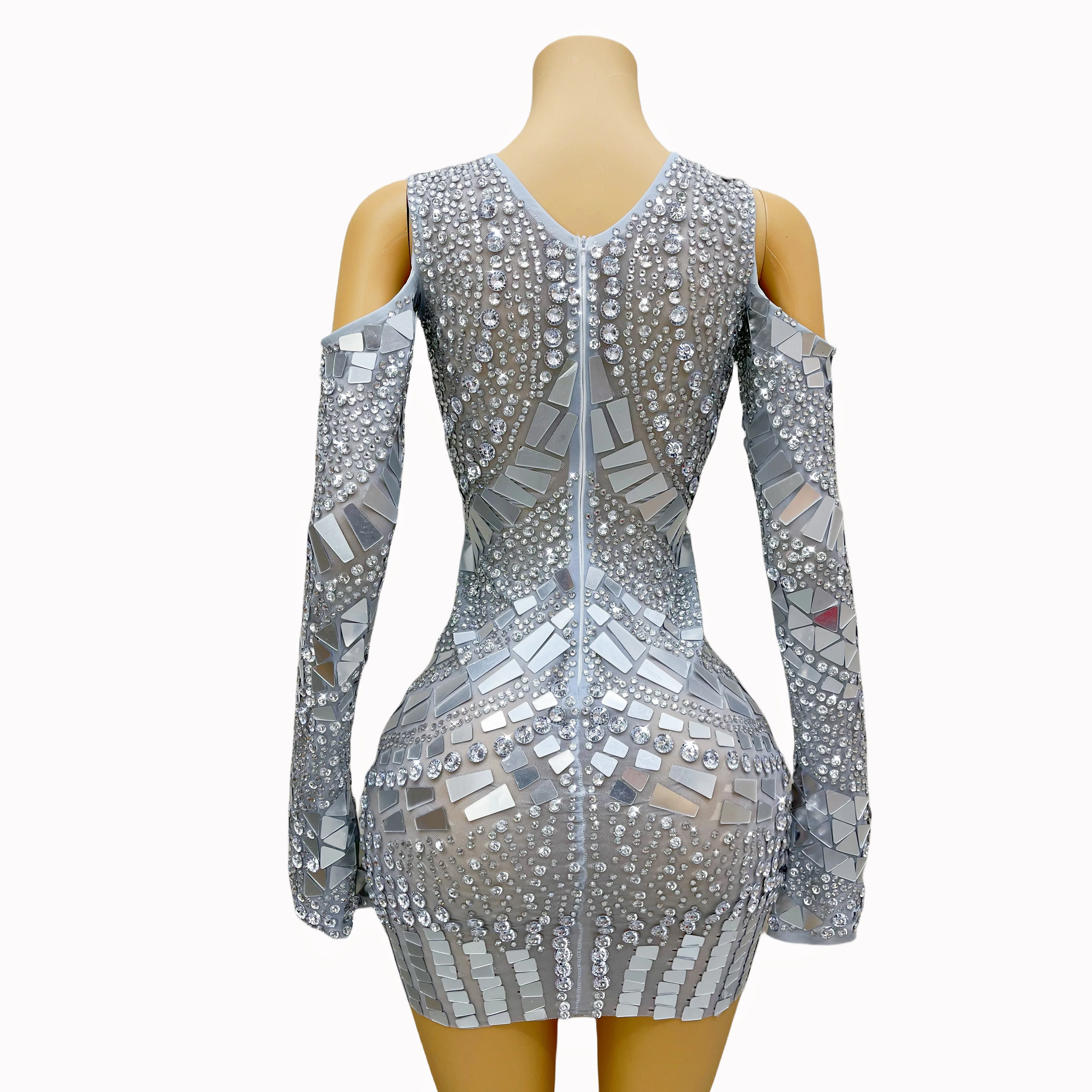 New Sexy Silver Rhinestone Mirror Long Sleeve Shoulder Cut-Out Dress Birthday Celebration Prom Stage Costume Collection yinsui