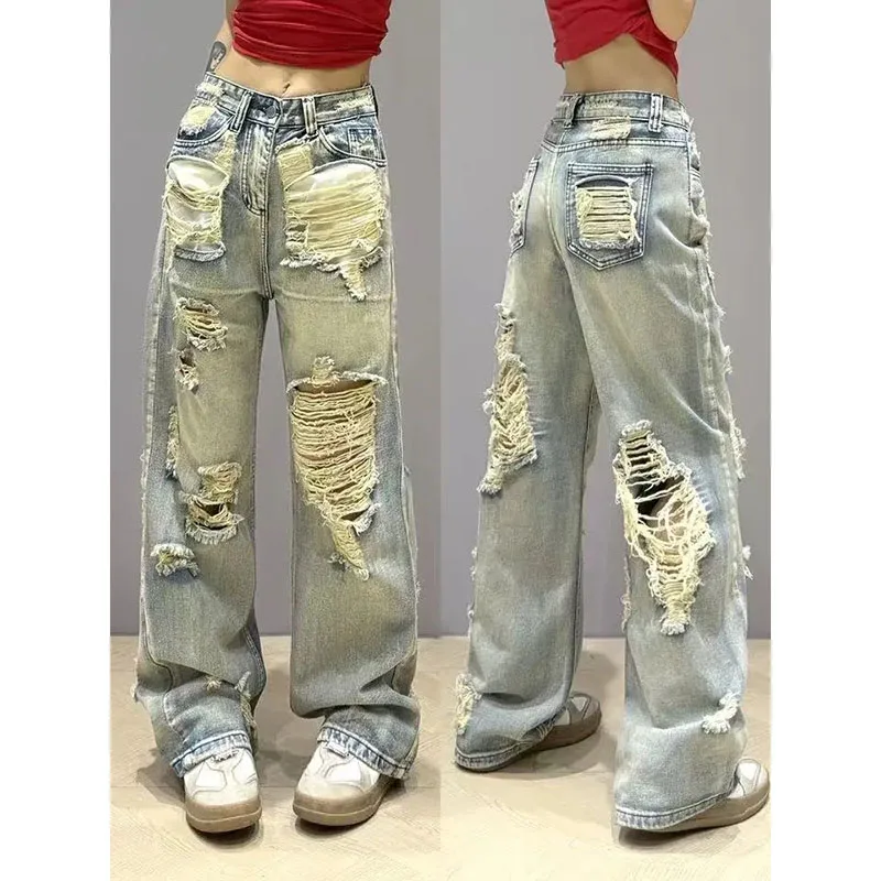 

Fashion High Street Holes Retro Design Jeans New High Waist Spring Summer Loose Slim Joker Leisure Comfortable Wide-Leg Jeans