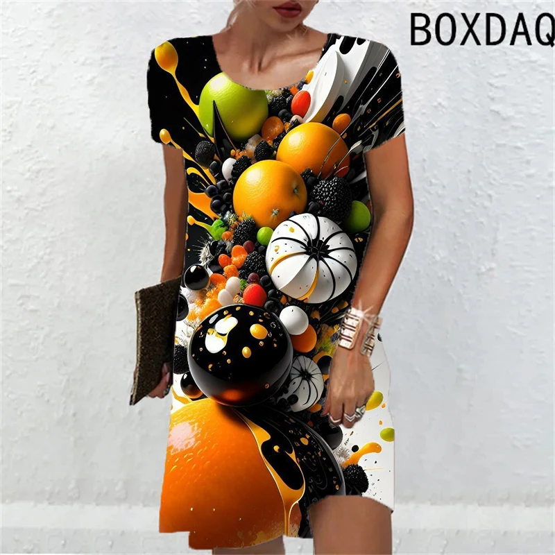 Abstract Three-dimensional Pattern Printing Women Dress Fashion New 2024 Summer Sundress Casual Short Sleeve Loose A-Line Dress