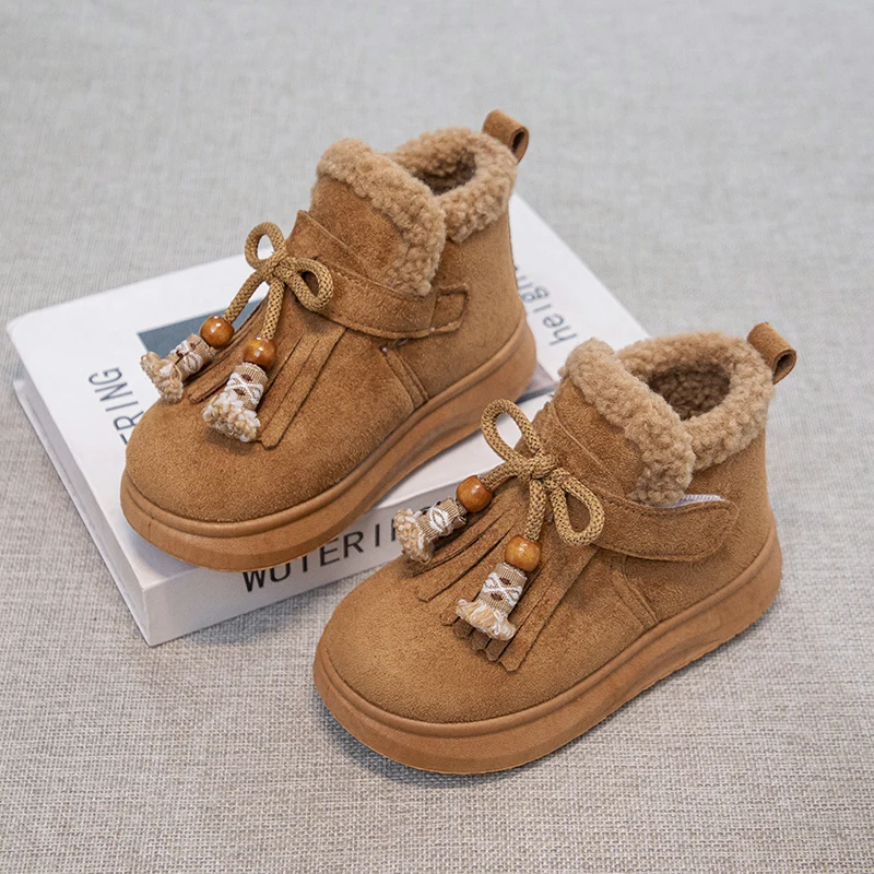 Boys Girls Fleece Lined Leather Boots with Cute Fringes 2025 New Winter Toddler Warm Cotton Boots Non-slip Simple School Boots