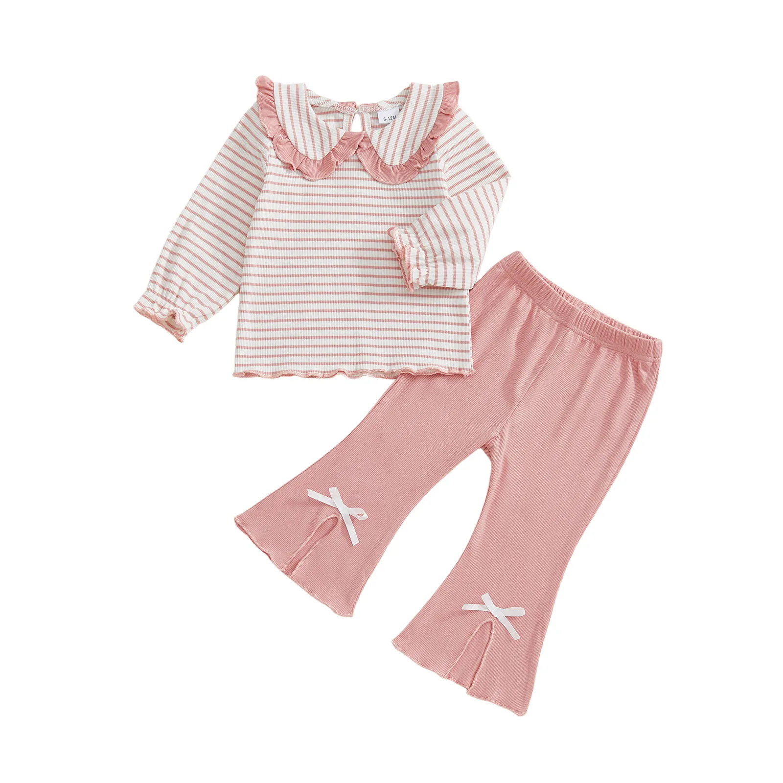 

Adorable Baby Girl Autumn Clothes Floral Print Long Sleeve Ruffle Collar Top Bowknot Elastic Waist Flare Pants 2 Piece Set