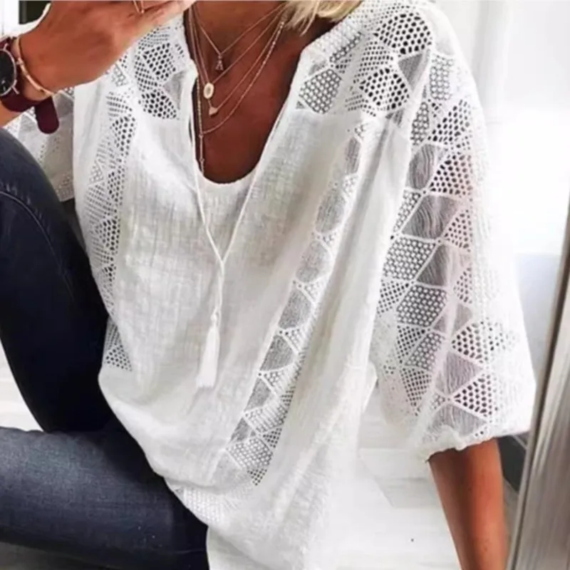 Elegant U-neck 7-quarter Sleeve Top For Women Spring Summer Fashion Solid Color Lace Hollow Splicing Shirt T-shirt Female