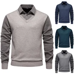 Autumn Winter New Fake Two Piece Shirt Collar Sweater Men Long Sleeved Striped Button Slim Fleece Polo Shirt Pullover Top MY1107
