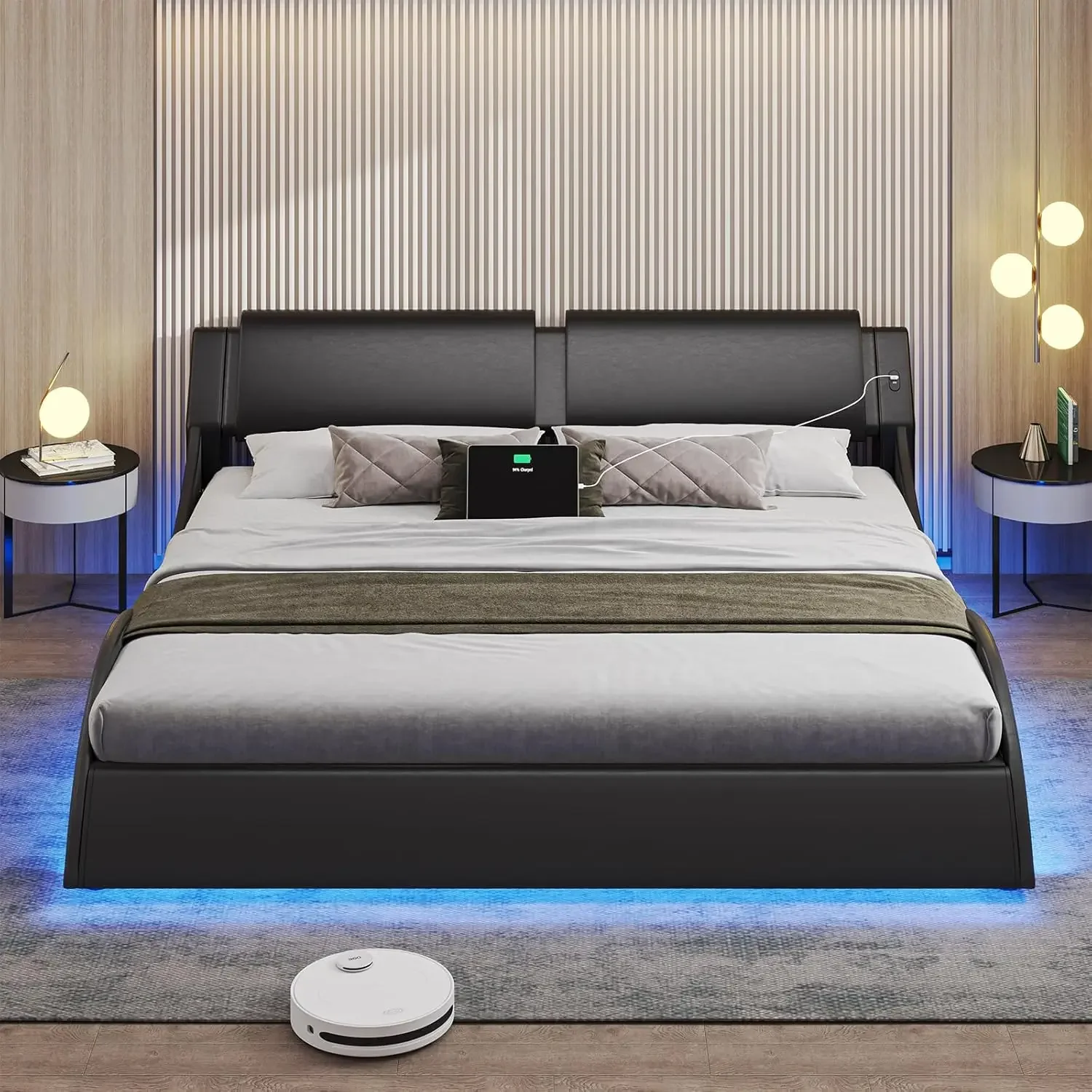 King Bed Frame with Charging Ports and Headboard King Size Platform Bed Frame with LED Lights Wave Like Curve King Led Bed image 3