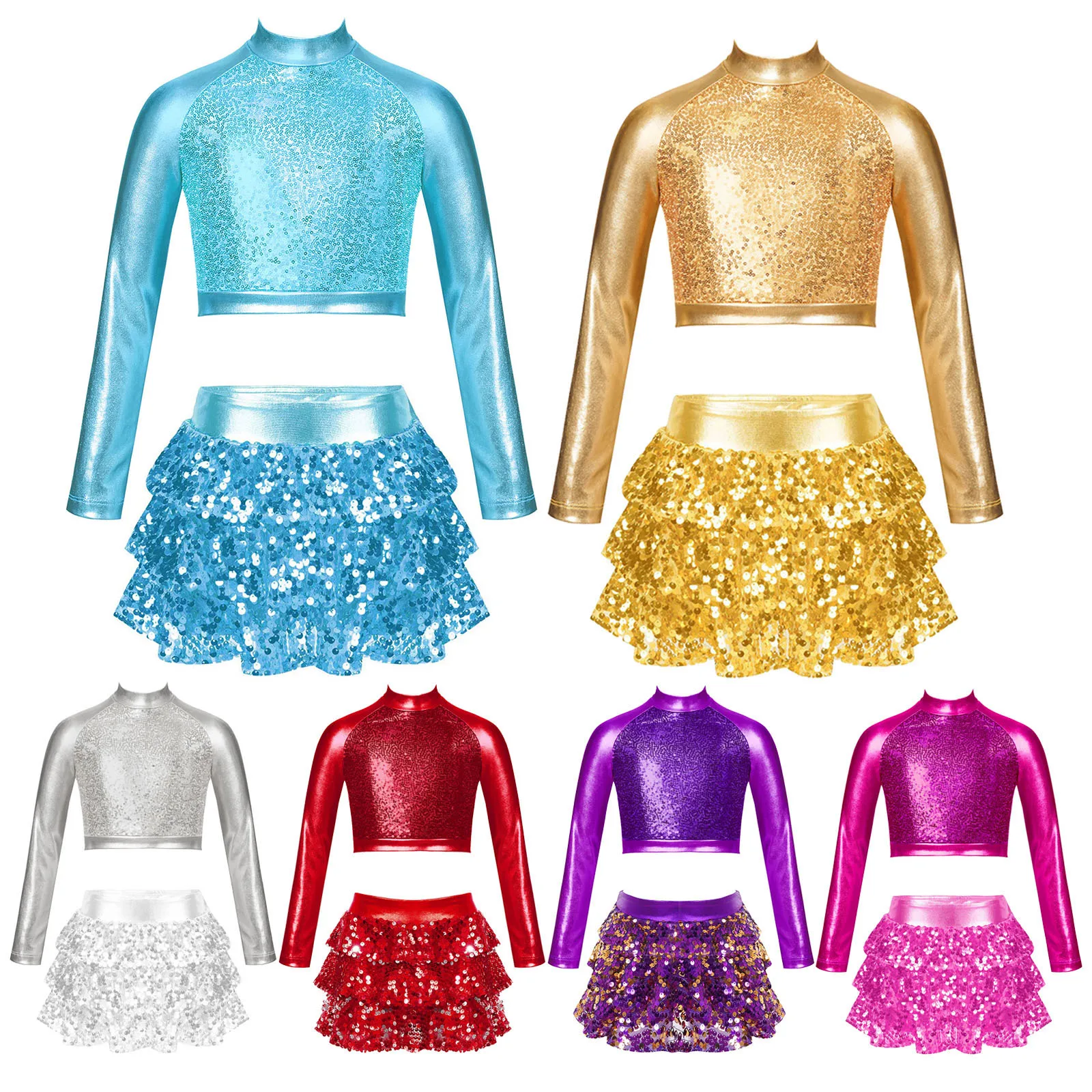 Kids Girls Metallic Sequins Dance Sets Hip Hop Jazz Dance Competition Costume Crop Top with Skirt Stage Performance Dancewear