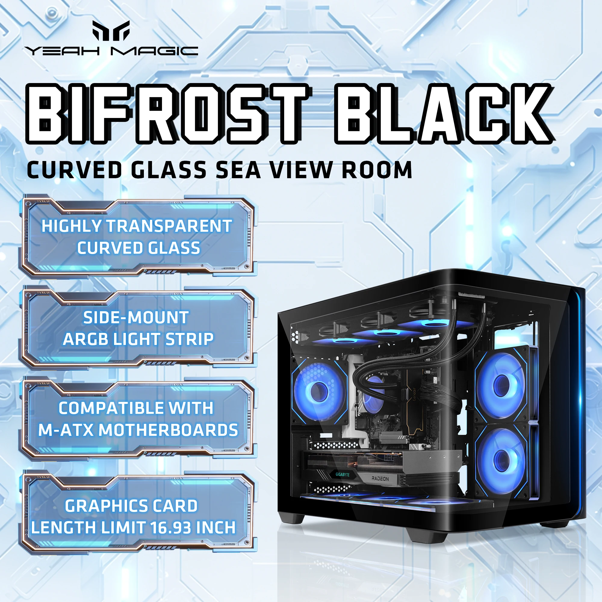 Yeah Magic BIFROST Gaming PC Case MATX Side transparent Curved Glass Design With ARGB Light Strips  Equipped With 3 ARGB Fans
