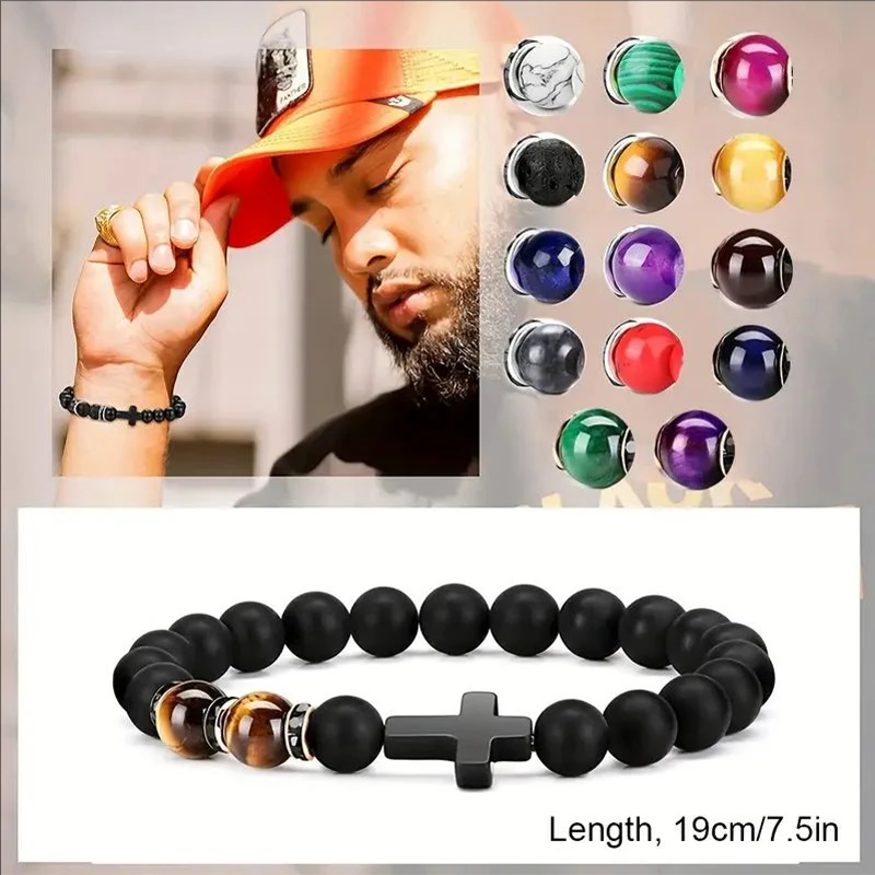 Miss JQ 1pc Exquisite Minimalist Tiger Eye Stone Beaded Hematite Cross Link Bracelet for Men-Stylish Holiday Gift for Boyfriend