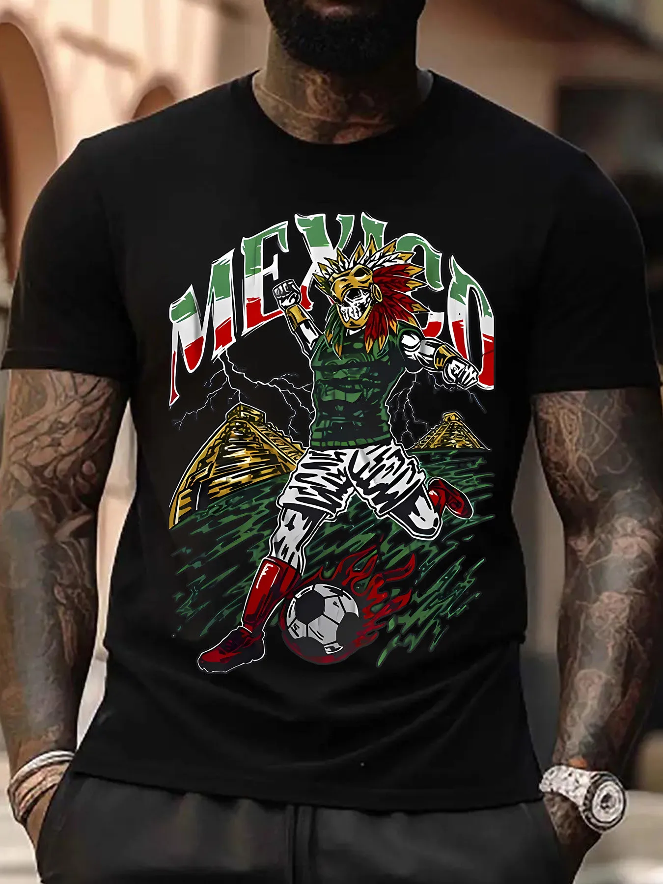 Mexican Aztec Warrior And Soccer Print, 18G Pure Vibrant Graphic Tee, Bold Letter Design, Breathable Casual, Great for Sports Events And Daily Wear, Soccer Fan Apparel, All Season Outfit, S 3XL