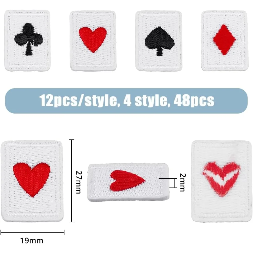 48Pcs 4 Style Playing Cards Patch Polyester Iron on/Sew on Poker Appliques Patches Red Black Heart Patches Card Suits Diamonds