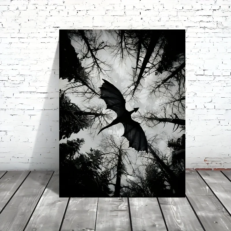 

Frameless Painting Dark Fantasy Dragon Flying Art Canvas Painting, Monochrome Forest Scene Poster, Unique Creative Wall Art Deco