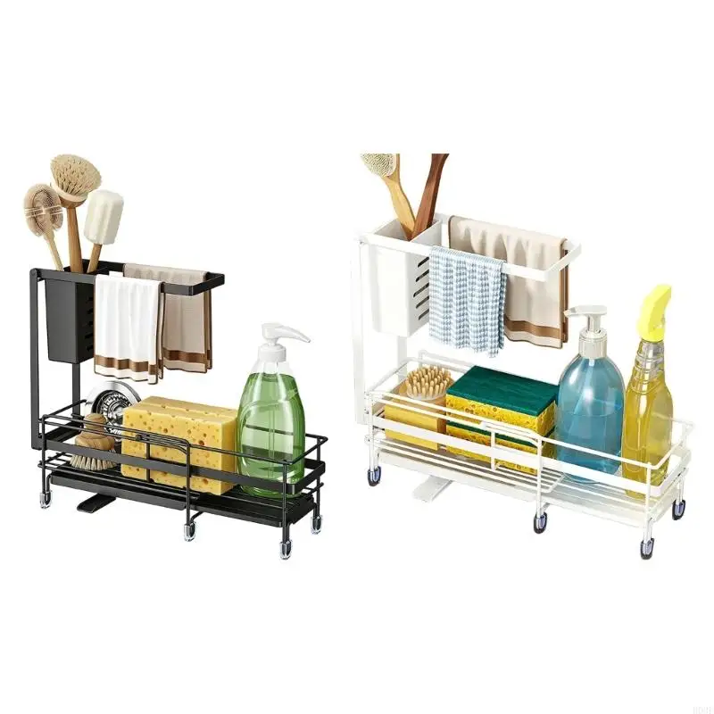 Extendable Sink Drain Rack Carbon Steel Storage Shelf, Narrow Sinkside Basket With Drain Tray for Kitchen Cleanup B03E
