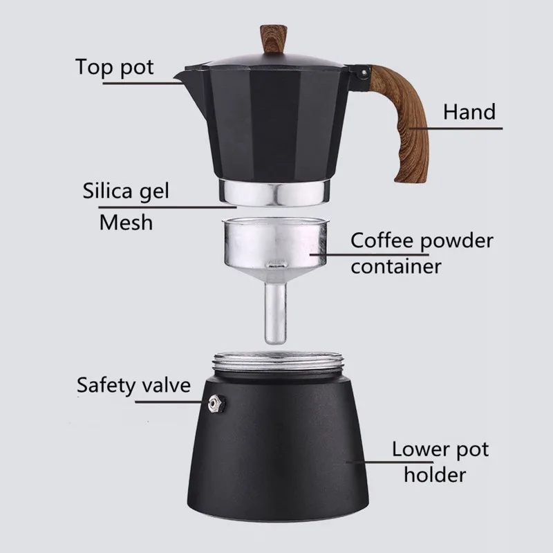 Macetas Moka italianas, cafetera Espresso de aluminio, percolador, estufa, olla superior con mango de madera, herramientas de café, accesorios de cocina y cafetería