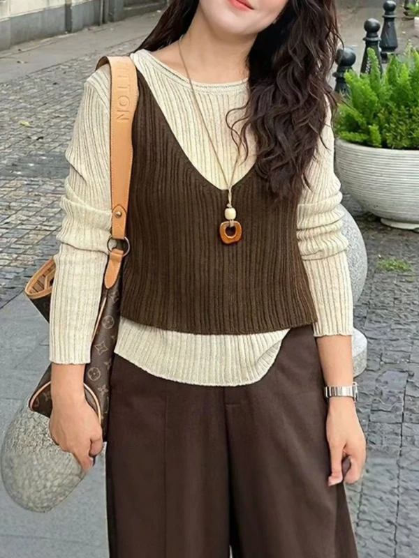 

Корейский трикотаж Sle Color Blo, женский осенне-зимний топ больших размеров для похудения, многослойная одежда, модный размер, мм