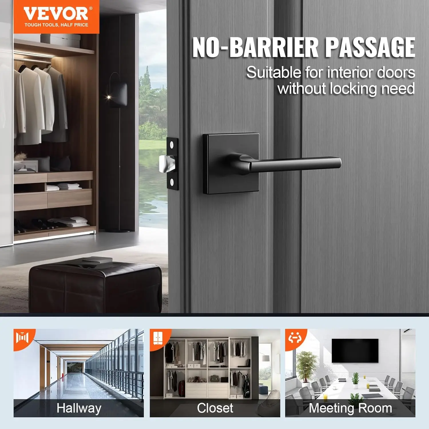 Passage Door Handle, 45° Rotation to Open, Square Interior Door Handles for Hallways, Closets, Meeting Spaces