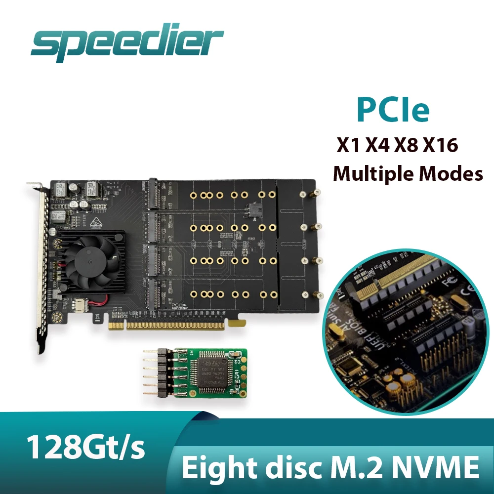 PCIe X16 Expansion Card Eight Disks M.2 NVME PLX8749 Silent Full Height 128Gt/S for PCI-E X1 X4 X8 X16 Non Split PCIe 4.0 X16