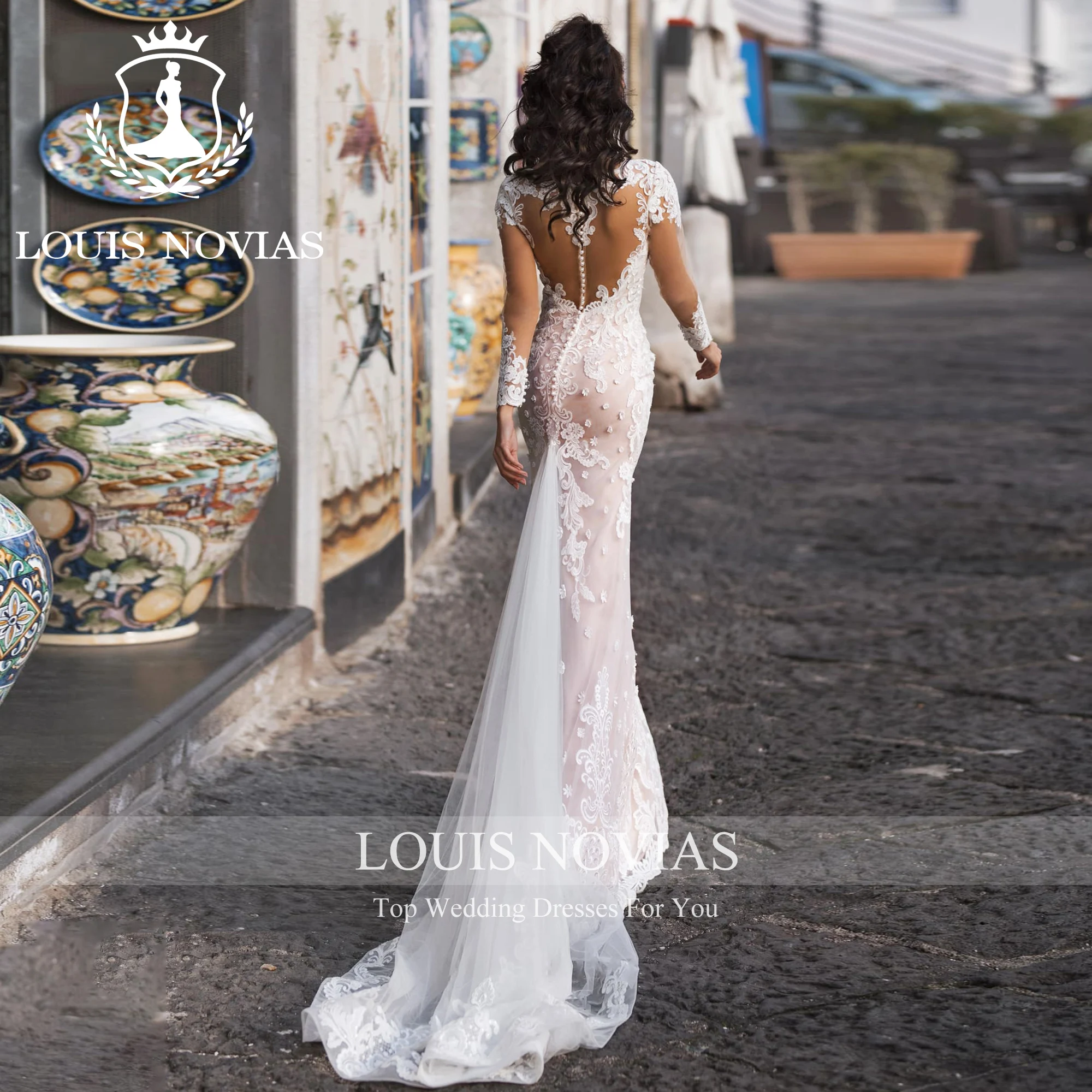 LOUIS NOVIAS 긴팔 인어 웨딩 원피스, 연인 환상 아플리케 단추 트럼펫 웨딩 가운, 2023