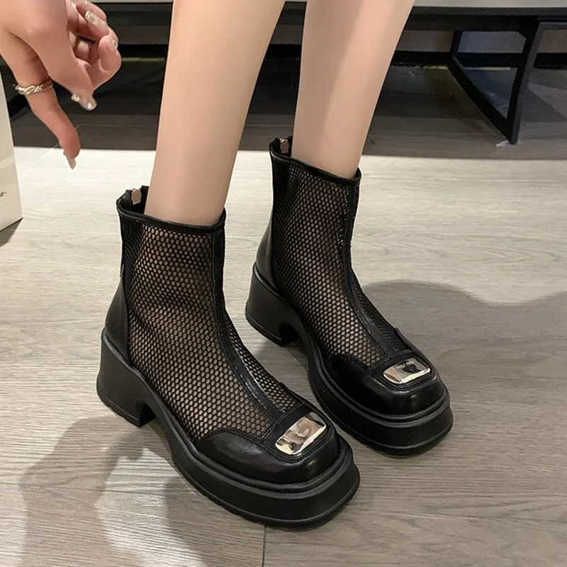 2023 nowe buty z siatką Chunky damskie botki modne buty na platformie wiosenne letnie buty w jednolitym kolorze oddychające buty Botas Mujer