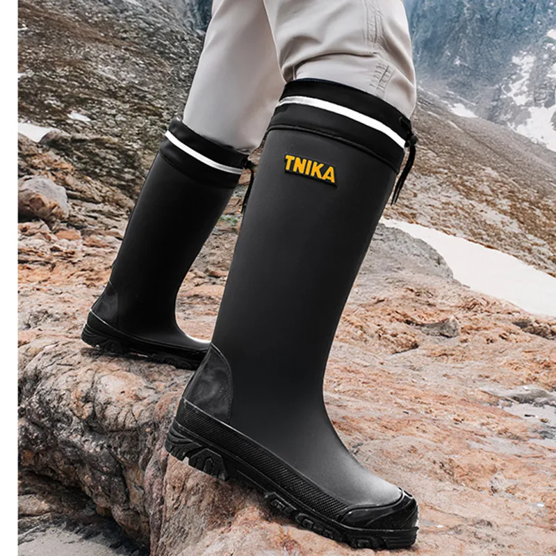 

Mountain Style Men's High Tube Rain Boots All-around Reflective Toe Water Shoes Extra High Rubber Shoes Anti Slip Trendy Boots