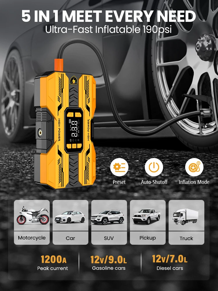 AntPower 10000mAh przenośne urządzenie do uruchamiania awaryjnego samochodu ze sprężarką powietrza 150PSI, 1200A przenośne urządzenie wspomagające akumulator samochodowy do silników benzynowych i — 2