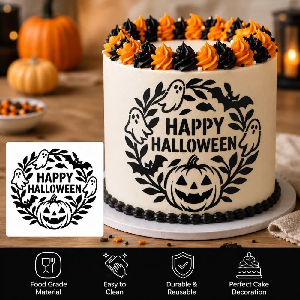 1Pc Halloween Pumpkin Ghost Bat Wreath Cake Stencil PET Food Grade Hollow Template Cookie Fondant Wedding Birthday Decor