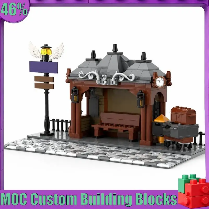 466PCS Vintage Wizard World Magic Bus Stop Station Diorama Custom Building Blocks DIY Scene Assembly Display Model Festival Gift